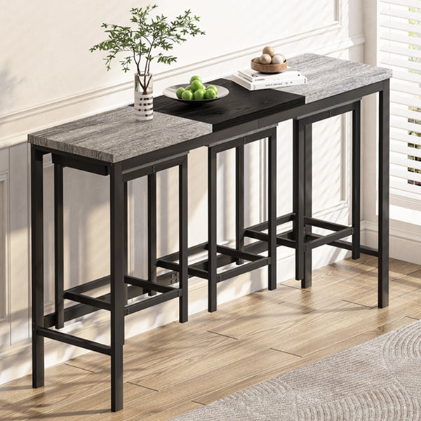 English Elm Modern Long Dining Table Set with Hanging Stools, Space-Saving MDF Top, Iron Frame Durability and Style Black+Gery W757P314434
