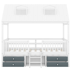 English Elm Full Size House Bed Frame Solid Wood with Storage Drawers Peaked Roofline Kids Playhouse White LP000466AAK-1