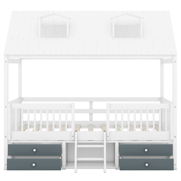 English Elm Full Size House Bed Frame Solid Wood with Storage Drawers Peaked Roofline Kids Playhouse White LP000466AAK-1