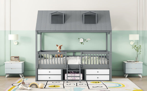 English Elm Twin House Bed Solid Wood Frame with Skylights Ladder Storage Drawers Kids Room Gray LP000465AAE-2
