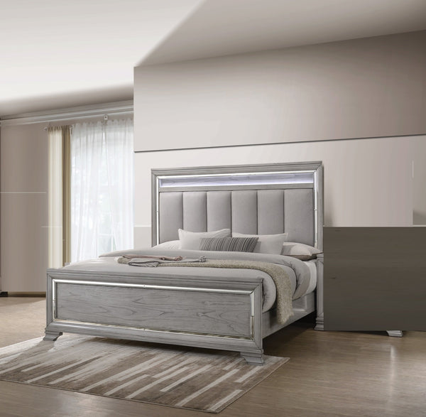 English Elm Modern Glam Upholstered Headboard Queen Bed with LED Lighting and Mirrored Accent Trim for Luxe Bedroom Décor Light Gray 67 L x 50 W x 6.25 H B011S00738