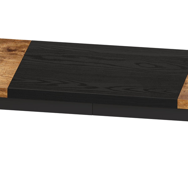 English Elm Modern Long Dining Table Set with Hanging Stools, Space-Saving MDF Top, Iron Frame Durability and Style Natural+Black W757P314433