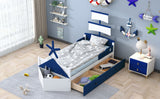 English Elm Twin Size Boat-Shaped Platform Bed With 2 Drawers ,Twin Bed With Storage For Bedroom,Blue