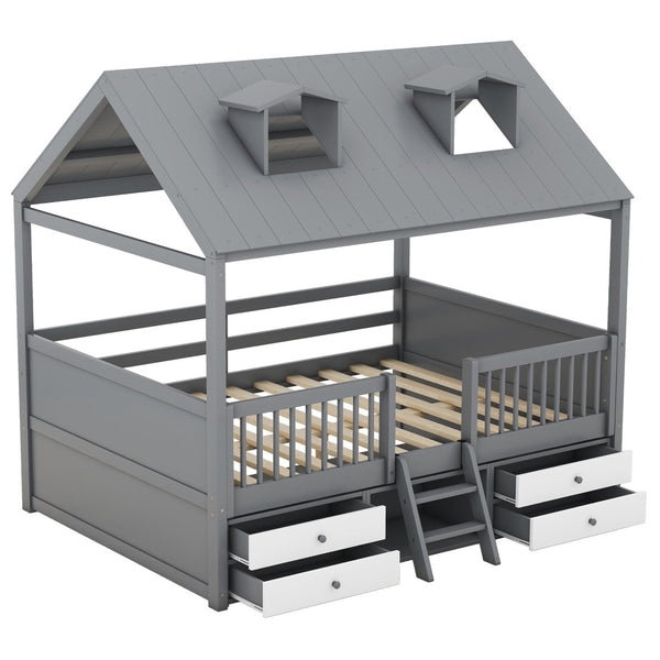 English Elm Full Size House Bed Frame Solid Wood with Storage Drawers Peaked Roofline Kids Playhouse Gray LP000466AAE-1