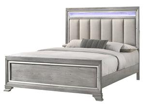 English Elm Modern Glam Upholstered Headboard Queen Bed with LED Lighting and Mirrored Accent Trim for Luxe Bedroom Décor Light Gray 82.7 L x 50 W x 6.25 H B011S00739