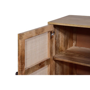 English Elm 35 Inch Handcrafted Accent Cabinet with Mesh Rattan Doors, Black Iron Sled Base, Natural Mango Wood Grain Finish B056P158057