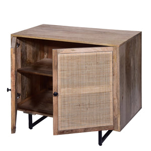 English Elm 35 Inch Handcrafted Accent Cabinet with Mesh Rattan Doors, Black Iron Sled Base, Natural Mango Wood Grain Finish B056P158057