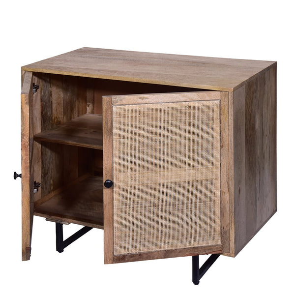 English Elm 35 Inch Handcrafted Accent Cabinet with Mesh Rattan Doors, Black Iron Sled Base, Natural Mango Wood Grain Finish B056P158057