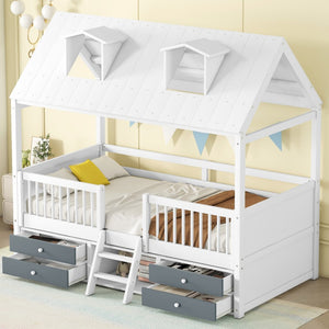 English Elm Twin House Bed Solid Wood Frame with Skylights Ladder Storage Drawers Kids Room White LP000465AAK-2