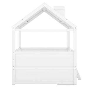 English Elm Full Size House Bed Frame Solid Wood with Storage Drawers Peaked Roofline Kids Playhouse White LP000466AAK-1