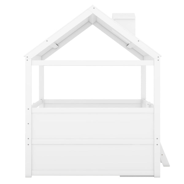 English Elm Full Size House Bed Frame Solid Wood with Storage Drawers Peaked Roofline Kids Playhouse White LP000466AAK-1