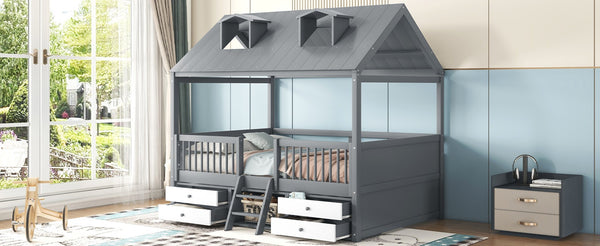 English Elm Full Size House Bed Frame Solid Wood with Storage Drawers Peaked Roofline Kids Playhouse Gray LP000466AAE-1