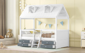 English Elm Twin House Bed Solid Wood Frame with Skylights Ladder Storage Drawers Kids Room White LP000465AAK-1
