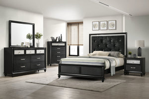 English Elm Modern Glam Upholstered Headboard Queen Bed with LED Lighting and Mirrored Accent Trim for Luxe Bedroom Décor Black 83.4 L x 40.63 W x 6.34 H B011S00741