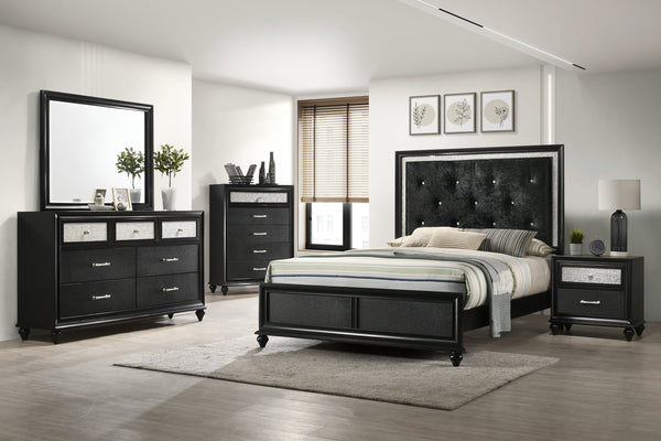 English Elm Modern Glam Upholstered Headboard Queen Bed with LED Lighting and Mirrored Accent Trim for Luxe Bedroom Décor Black 83.4 L x 40.63 W x 6.34 H B011S00741