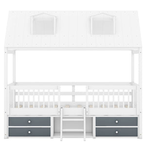 English Elm Twin House Bed Solid Wood Frame with Skylights Ladder Storage Drawers Kids Room White LP000465AAK-1