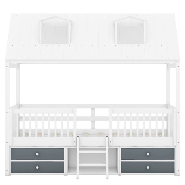 English Elm Twin House Bed Solid Wood Frame with Skylights Ladder Storage Drawers Kids Room White LP000465AAK-1