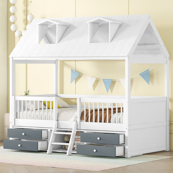 English Elm Twin House Bed Solid Wood Frame with Skylights Ladder Storage Drawers Kids Room White LP000465AAK-2