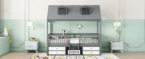 English Elm Twin House Bed Solid Wood Frame with Skylights Ladder Storage Drawers Kids Room Gray LP000465AAE-2