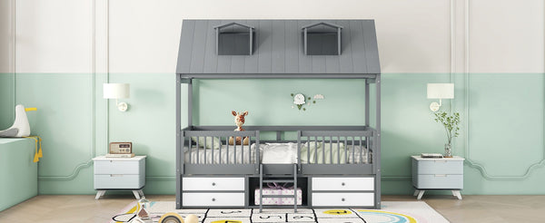 English Elm Twin House Bed Solid Wood Frame with Skylights Ladder Storage Drawers Kids Room Gray LP000465AAE-1