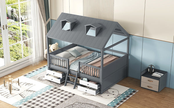 English Elm Full Size House Bed Frame Solid Wood with Storage Drawers Peaked Roofline Kids Playhouse Gray LP000466AAE-1