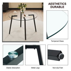 English Elm Modern Round Tempered Glass Dining Table with Black Metal Legs Seats Four W1151138123