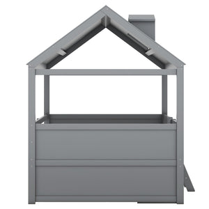 English Elm Full Size House Bed Frame Solid Wood with Storage Drawers Peaked Roofline Kids Playhouse Gray LP000466AAE-1