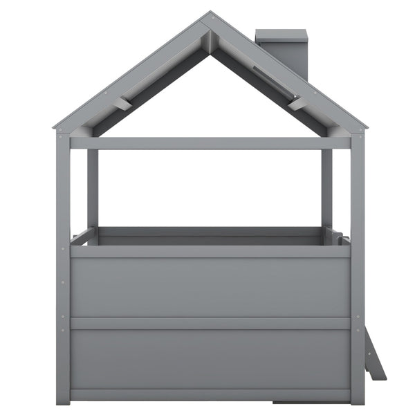 English Elm Full Size House Bed Frame Solid Wood with Storage Drawers Peaked Roofline Kids Playhouse Gray LP000466AAE-1