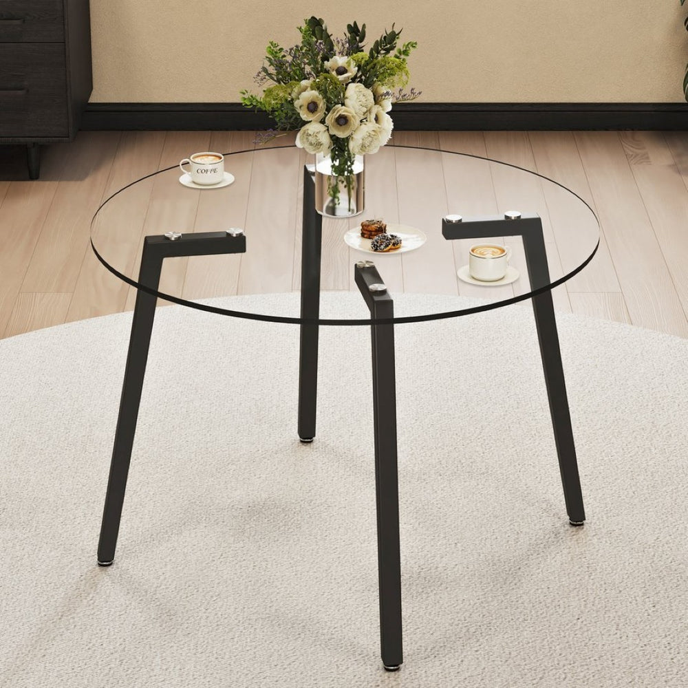 English Elm Modern Round Tempered Glass Dining Table with Black Metal Legs Seats Four W1151138123