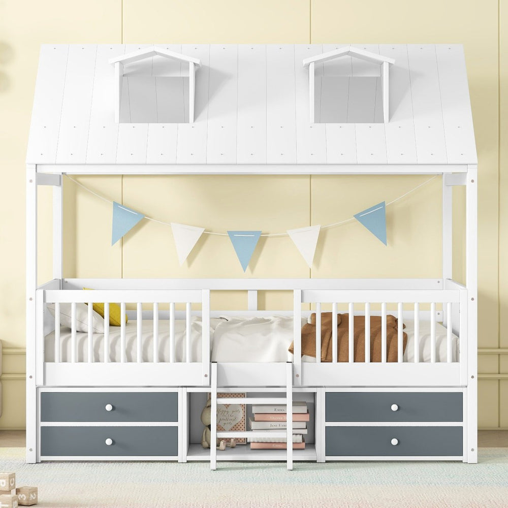 English Elm Twin House Bed Solid Wood Frame with Skylights Ladder Storage Drawers Kids Room White LP000465AAK-1