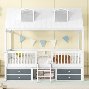 English Elm Twin House Bed Solid Wood Frame with Skylights Ladder Storage Drawers Kids Room White LP000465AAK-1