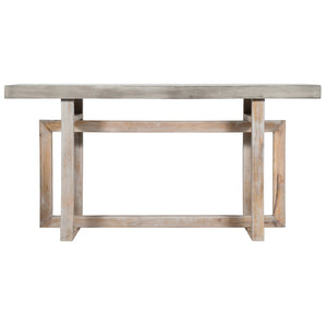 English Elm 59 Inch Artisan Sideboard Console Table with Mango Wood Top, Distressed Gray Farmhouse Elegance, Geometric Base B056P158050