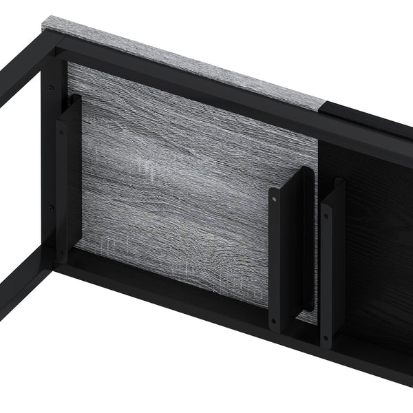 English Elm Modern Long Dining Table Set with Hanging Stools, Space-Saving MDF Top, Iron Frame Durability and Style Black+Gery W757P314434