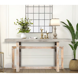 English Elm 59 Inch Artisan Sideboard Console Table with Mango Wood Top, Distressed Gray Farmhouse Elegance, Geometric Base B056P158050