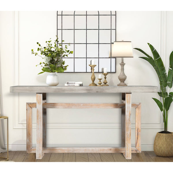 English Elm 59 Inch Artisan Sideboard Console Table with Mango Wood Top, Distressed Gray Farmhouse Elegance, Geometric Base B056P158050