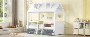English Elm Twin House Bed Solid Wood Frame with Skylights Ladder Storage Drawers Kids Room White LP000465AAK-2
