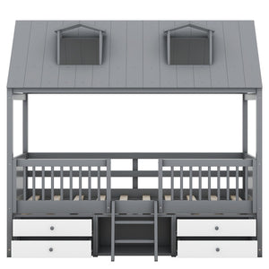 English Elm Twin House Bed Solid Wood Frame with Skylights Ladder Storage Drawers Kids Room Gray LP000465AAE-2