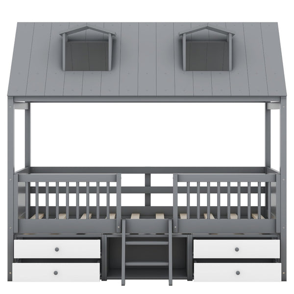 English Elm Twin House Bed Solid Wood Frame with Skylights Ladder Storage Drawers Kids Room Gray LP000465AAE-1