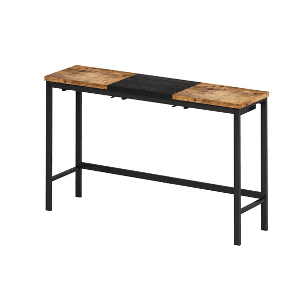 English Elm Modern Long Dining Table Set with Hanging Stools, Space-Saving MDF Top, Iron Frame Durability and Style Natural+Black W757P314433