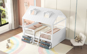 English Elm Full Size House Bed Frame Solid Wood with Storage Drawers Peaked Roofline Kids Playhouse White LP000466AAK-1