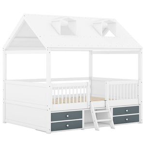English Elm Full Size House Bed Frame Solid Wood with Storage Drawers Peaked Roofline Kids Playhouse White LP000466AAK-1
