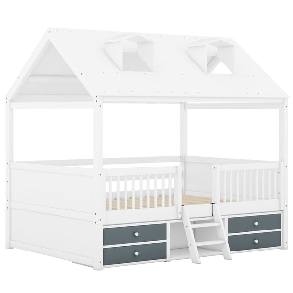 English Elm Full Size House Bed Frame Solid Wood with Storage Drawers Peaked Roofline Kids Playhouse White LP000466AAK-1