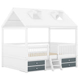 Brown Full Size House Bed with Roof, Ladder and 4 Drawers, White