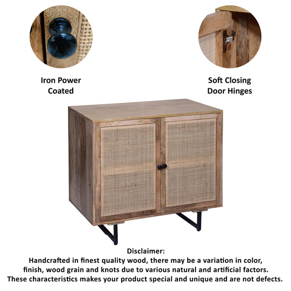 English Elm 35 Inch Handcrafted Accent Cabinet with Mesh Rattan Doors, Black Iron Sled Base, Natural Mango Wood Grain Finish B056P158057