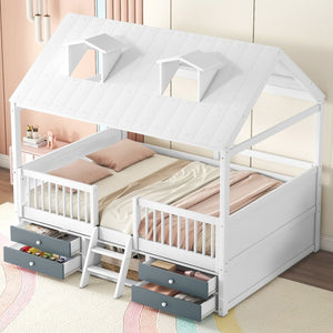 English Elm Full Size House Bed Frame Solid Wood with Storage Drawers Peaked Roofline Kids Playhouse White LP000466AAK-1