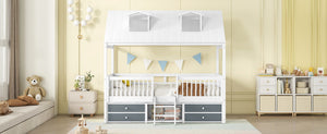 English Elm Twin House Bed Solid Wood Frame with Skylights Ladder Storage Drawers Kids Room White LP000465AAK-1