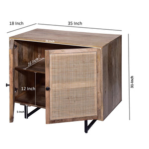 English Elm 35 Inch Handcrafted Accent Cabinet with Mesh Rattan Doors, Black Iron Sled Base, Natural Mango Wood Grain Finish B056P158057