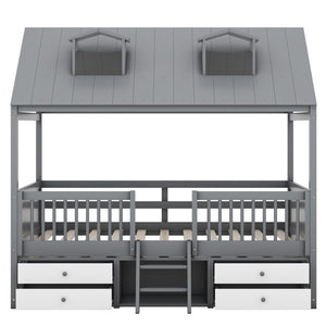 English Elm Full Size House Bed Frame Solid Wood with Storage Drawers Peaked Roofline Kids Playhouse Gray LP000466AAE-1