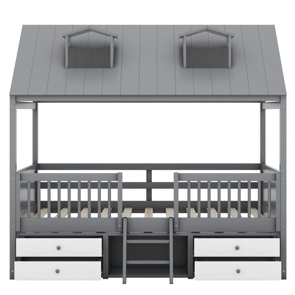 English Elm Full Size House Bed Frame Solid Wood with Storage Drawers Peaked Roofline Kids Playhouse Gray LP000466AAE-1