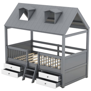 English Elm Twin House Bed Solid Wood Frame with Skylights Ladder Storage Drawers Kids Room Gray LP000465AAE-2